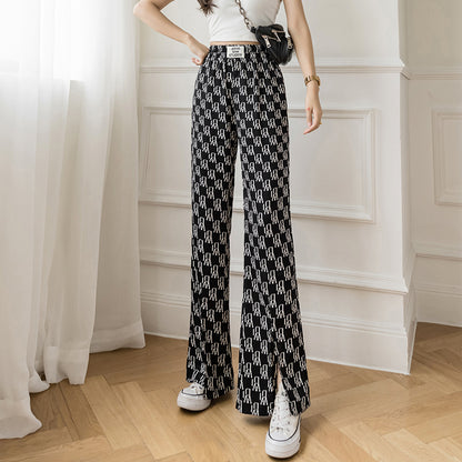 Summer High Waist Slit Flared Pants Slimming Plaid