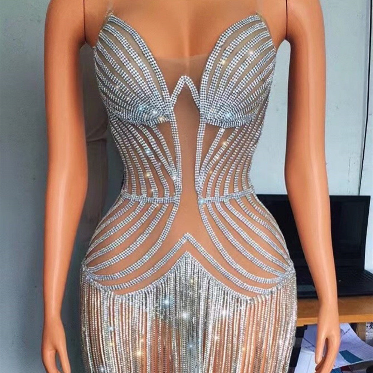 Full Diamonds Tassels See-through Mesh Dress