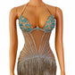 Full Diamonds Tassels See-through Mesh Dress