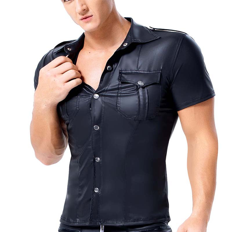 Men's Leather Skinny Short-sleeved Shirt