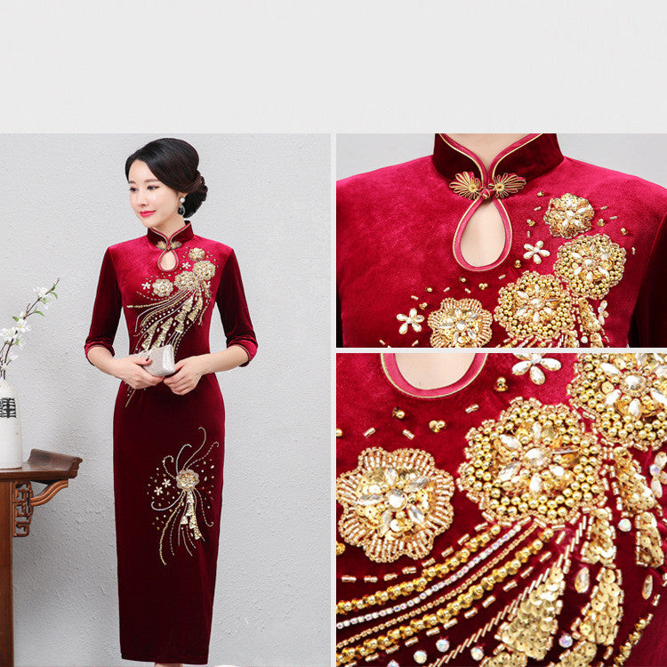 Golden Velvet Vintage Modified Beaded Long Cheongsam