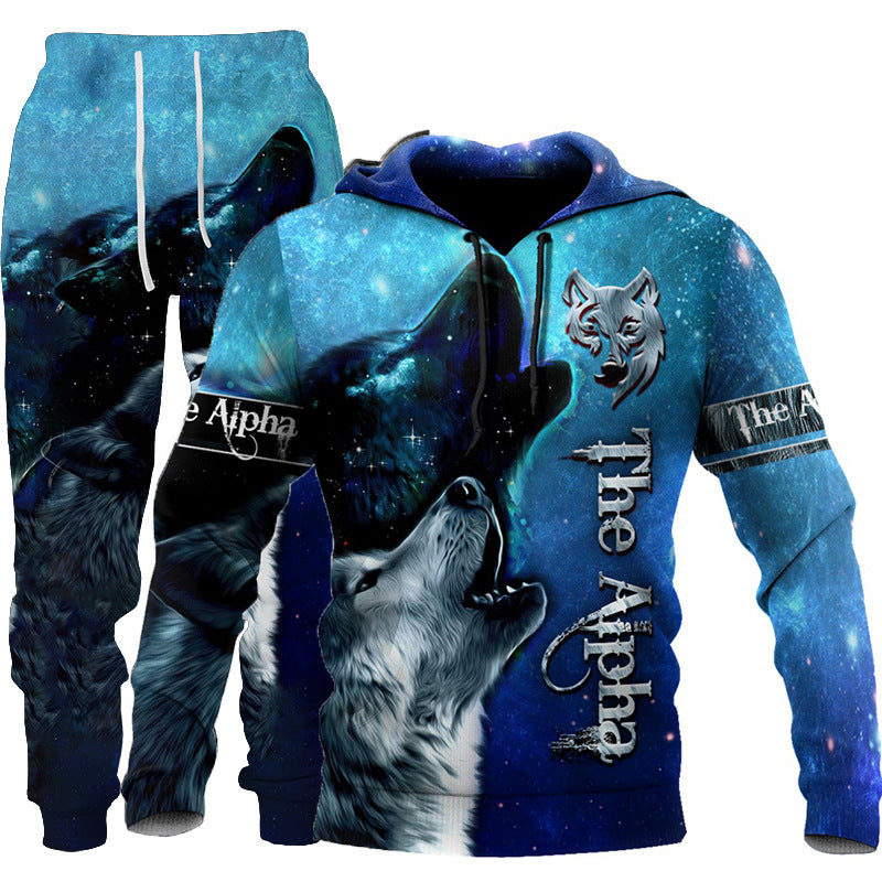 3D Wolf Print Tracksuit Hooded Two Piece Set