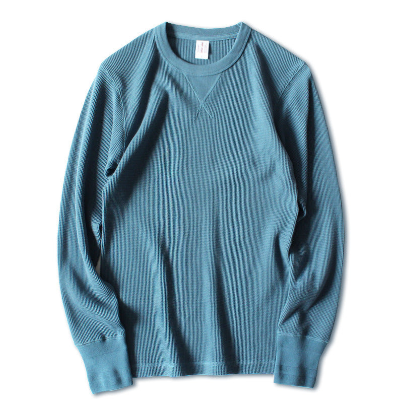 Vintage Waffle Cotton Padded Neckline Long Sleeve T-shirt