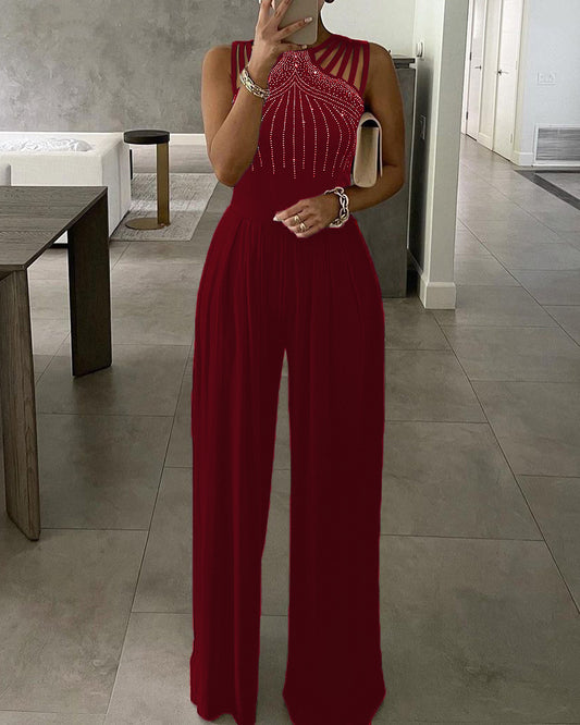 Elegant Rivet Round Neck Wide Leg Jumpsuit