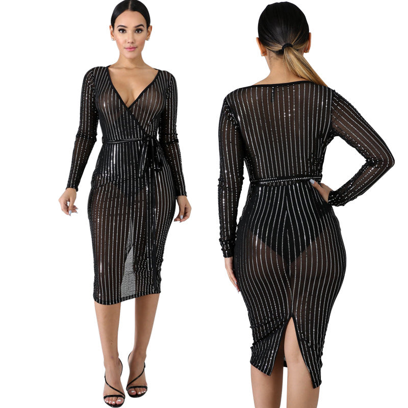 Deep V dress with screen punch - see through