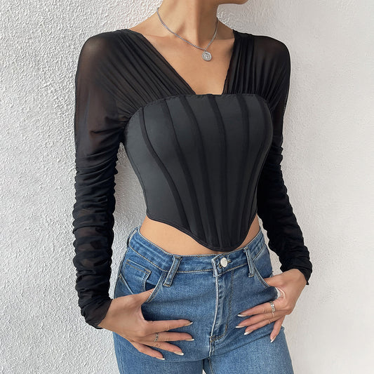 Mesh Pleated Corset Diamond Two-piece Pile Sleeve Top