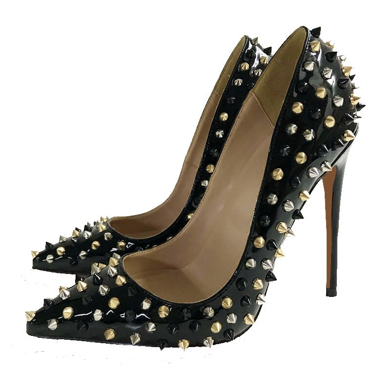 Black Patent Leather Rivet High Heels Female Pointed Stiletto