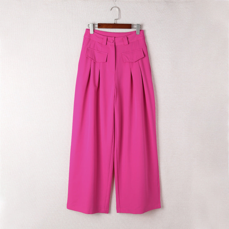 Loose Pocket Pleated Solid Wide Leg Trousers