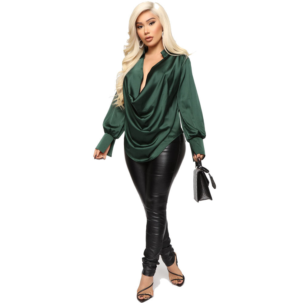 Sexy Long-sleeved Deep V-neck Satin Top