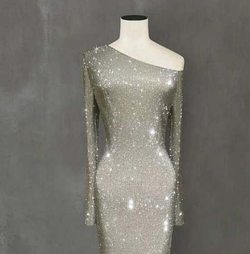 One Shoulder Asymmetric Sparkling Crystal Long Dress