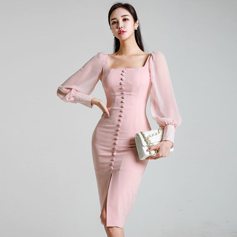 Chiffon stitching puff sleeve hip dress