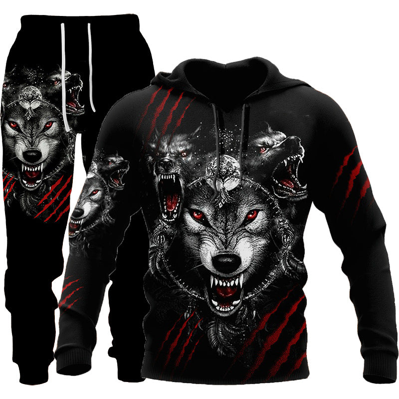 3D Wolf Print Tracksuit Hooded Two Piece Set