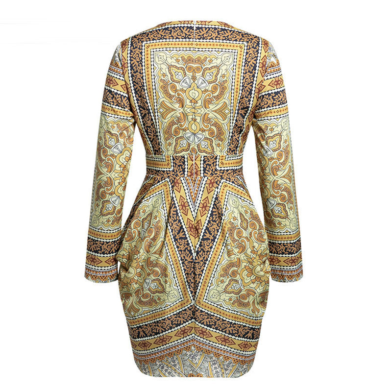 V-neck Tie Print Long Sleeve Short Dress