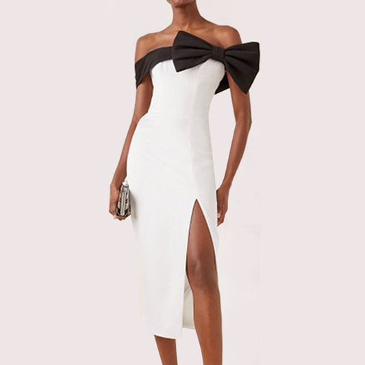 Black And White Slit Long Bow Party Dress