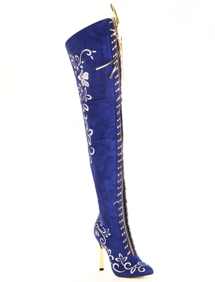 Elegant Embroidered Over The Knee Zip-up Stiletto Heel