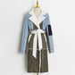 Nipped-waist Long Denim-paneled Lambskin Coat