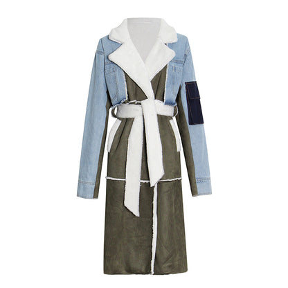 Nipped-waist Long Denim-paneled Lambskin Coat