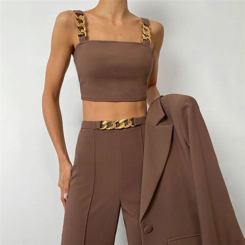 Temperament Tube Top Chain Top High Waist Casual Trousers Suit