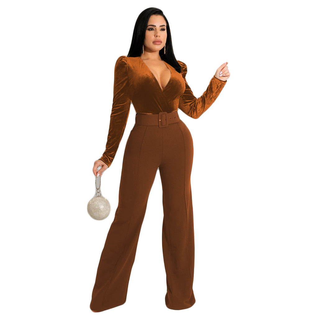 Sexy V-neck Solid Color Velvet Top Women's Jumpsuit