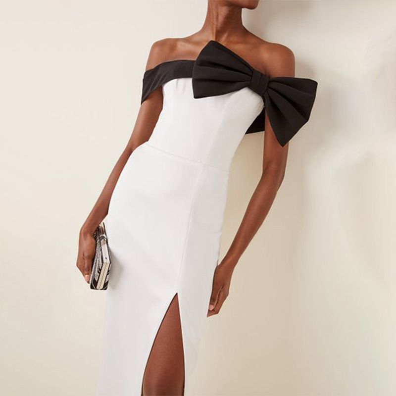 Black And White Slit Long Bow Party Dress