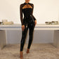 Solid Color Long-sleeved Hollow Mesh One-piece