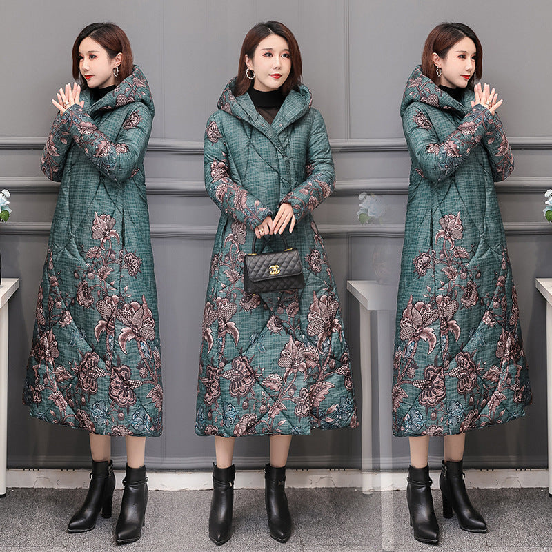 Classy Long Hooded Printed Padded Jacket