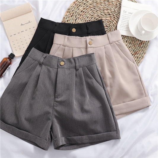 Solid Color All-match Roll-up Wide-leg Casual Shorts