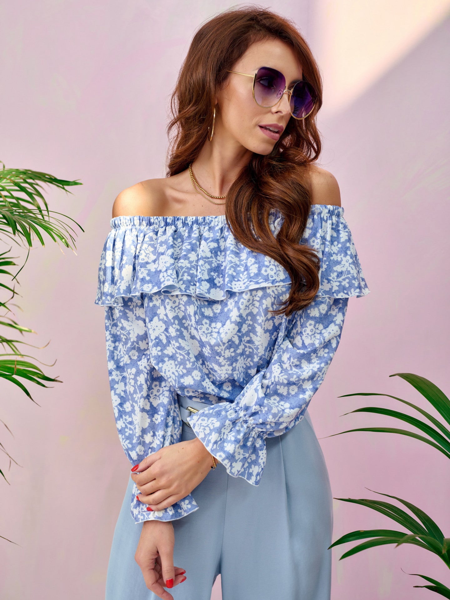 Loose Ruffle Off Shoulder Long Sleeve Top