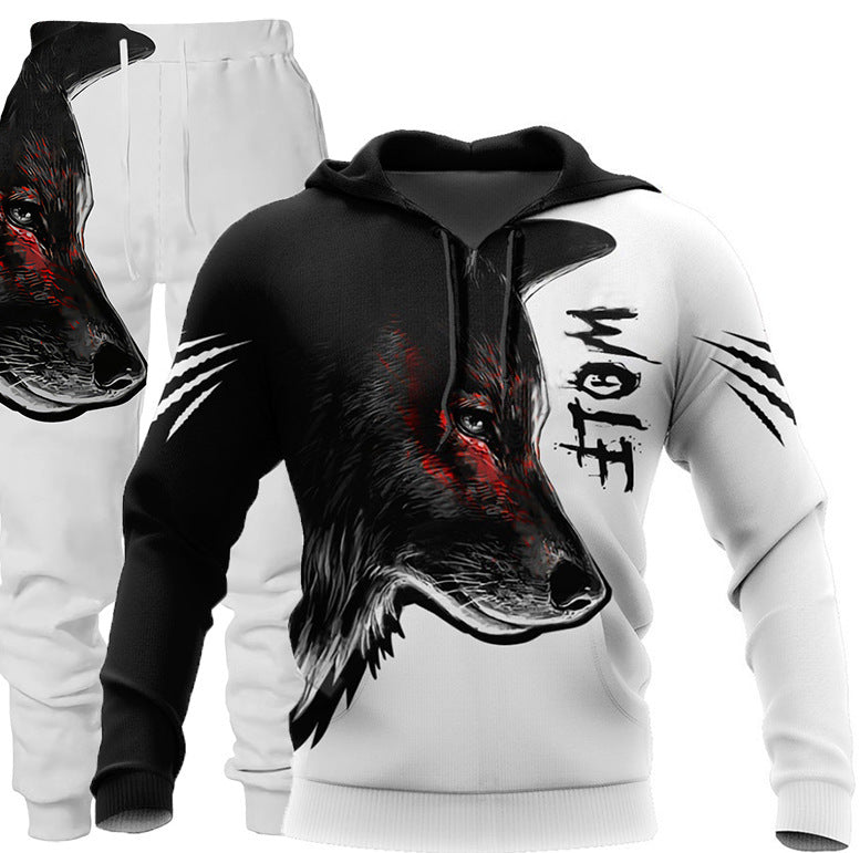 3D Wolf Print Tracksuit Hooded Two Piece Set