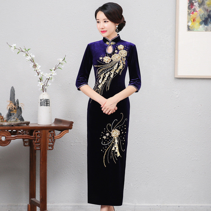 Golden Velvet Vintage Modified Beaded Long Cheongsam