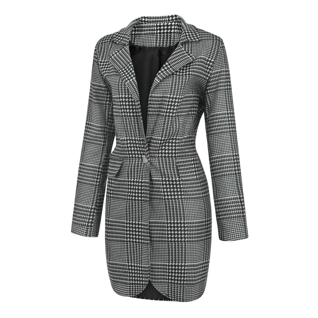 Ladies Blazer Fashion Turn-over Collar Check Print