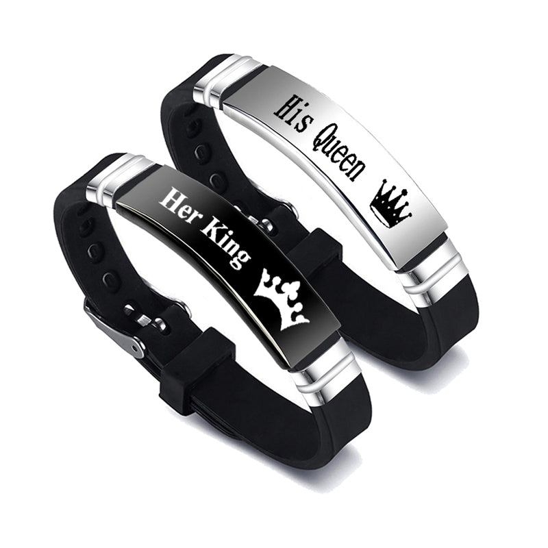 Black Silver Her King - His Queen Couple Bracelets - Valentines Day Gift