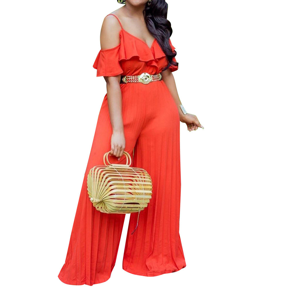 Fashion Pleated Wide Leg Pants Ruffle Jumpsuit