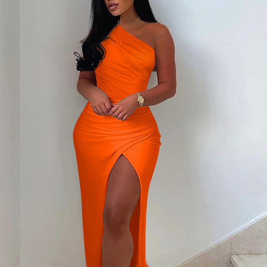 Off-shoulder Pleated Slit Solid Color Dress