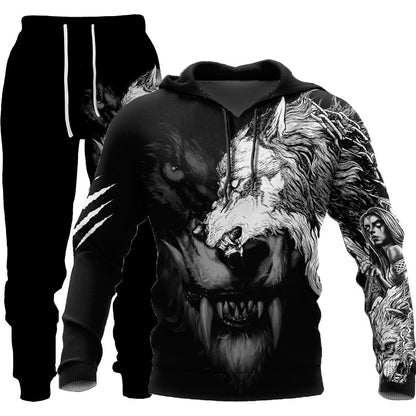 3D Wolf Print Tracksuit Hooded Two Piece Set