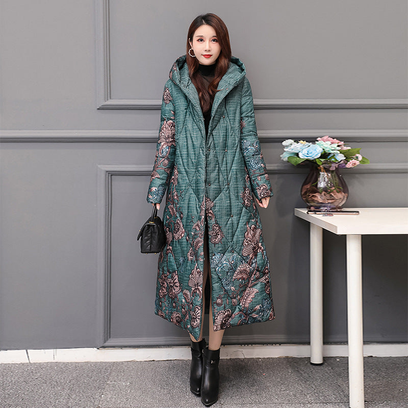 Classy Long Hooded Printed Padded Jacket