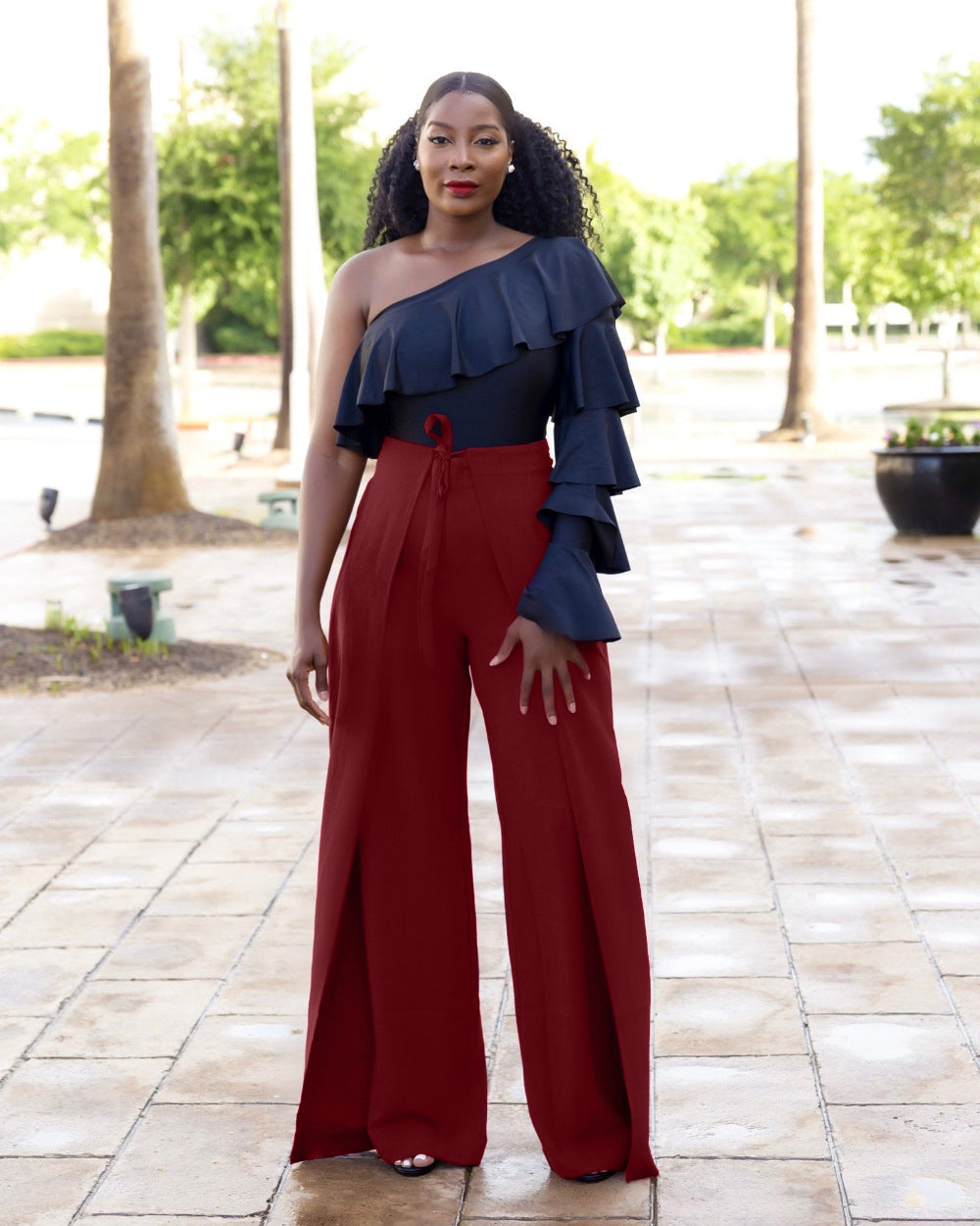 Draping Wide Leg Belt Straight High-waisted Trousers