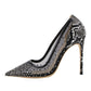 Black Net Rhinestone Stiletto Sexy Heels