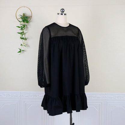 Women's Round Neck Stitching See-through Grid Lantern Sleeve Dress