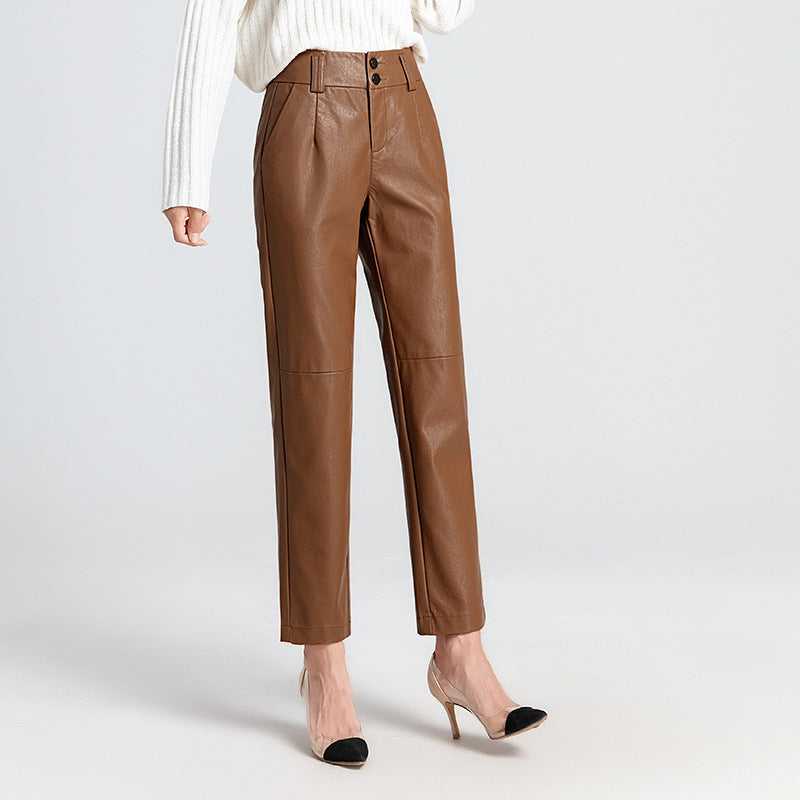 Small Straight High Waisted Sheepskin Trousers With Small Feet