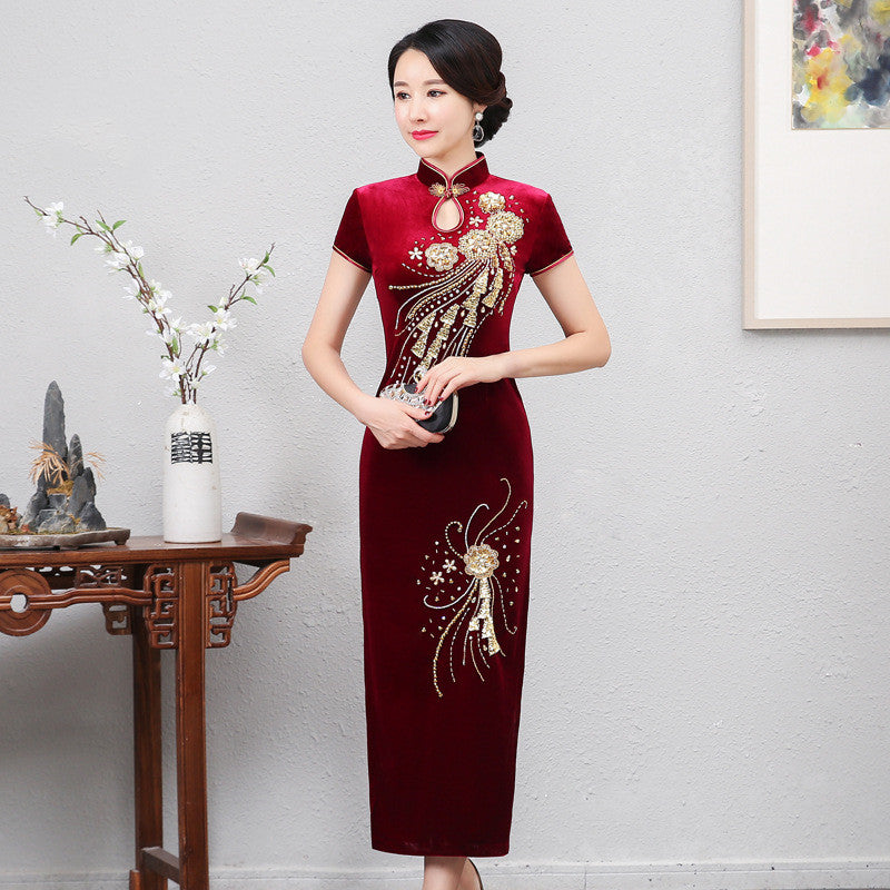 Golden Velvet Vintage Modified Beaded Long Cheongsam