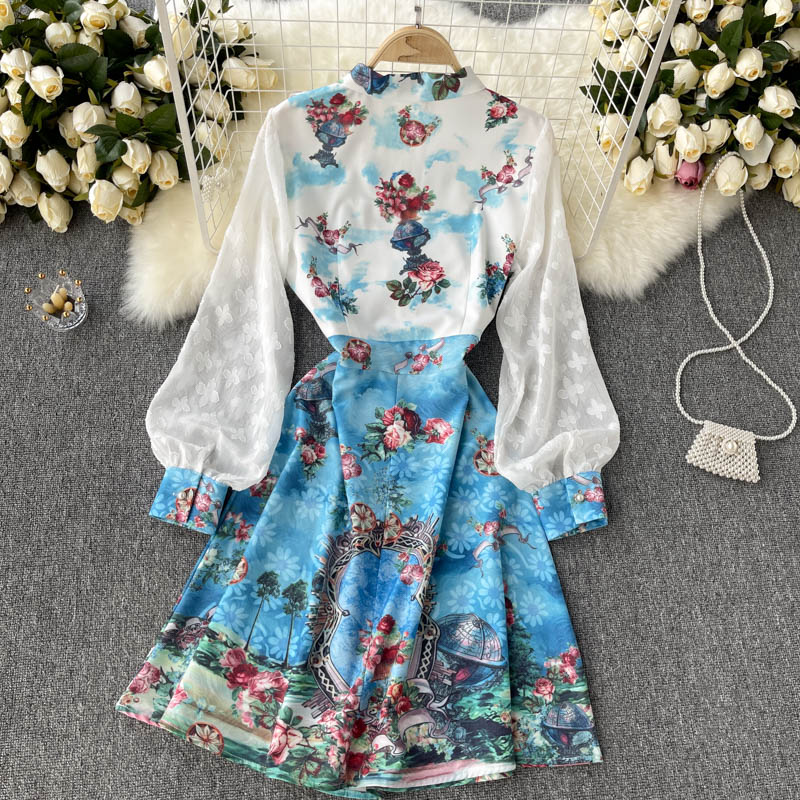 French dress 2022-puff sleeve design printed slim short dress