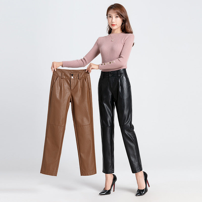 Small Straight High Waisted Sheepskin Trousers With Small Feet