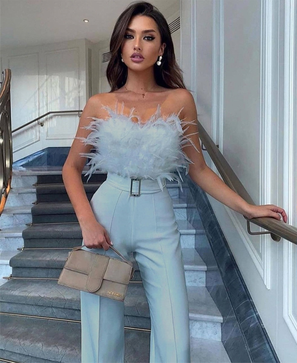 Feather Tube Top Sexy Fashion Jumpsuit