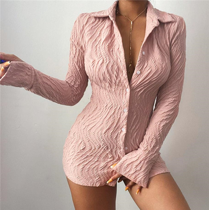 Lapel Button Long Sleeve Sassy Dress