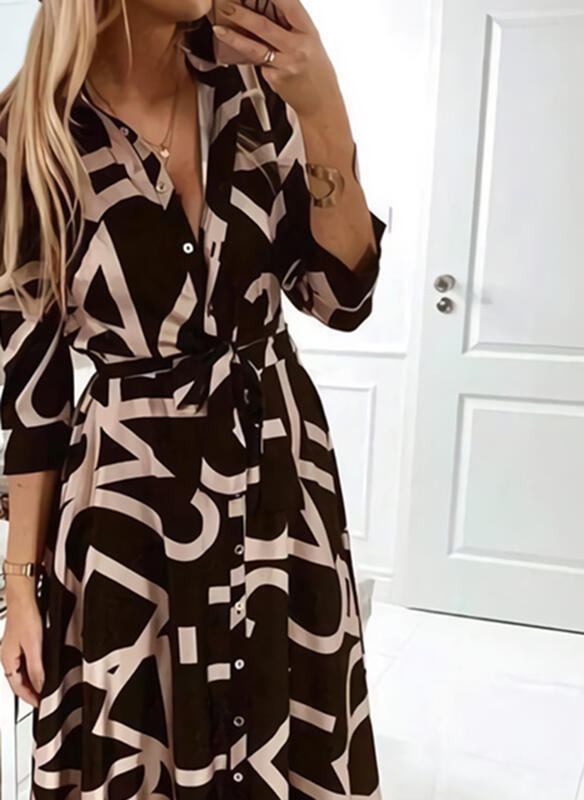 Printed Long Sleeve Lace Up Dress