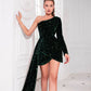 One Shoulder Ruched Draped Side Split Sequin Formal Slim Dress