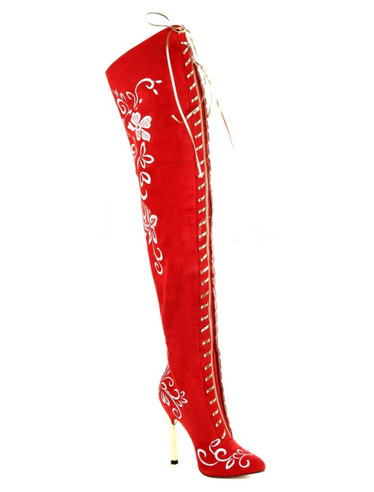 Elegant Embroidered Over The Knee Zip-up Stiletto Heel