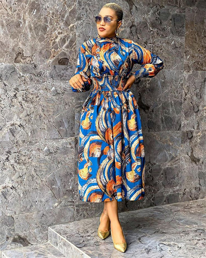 Women Printed Lapel Long Sleeve Dress