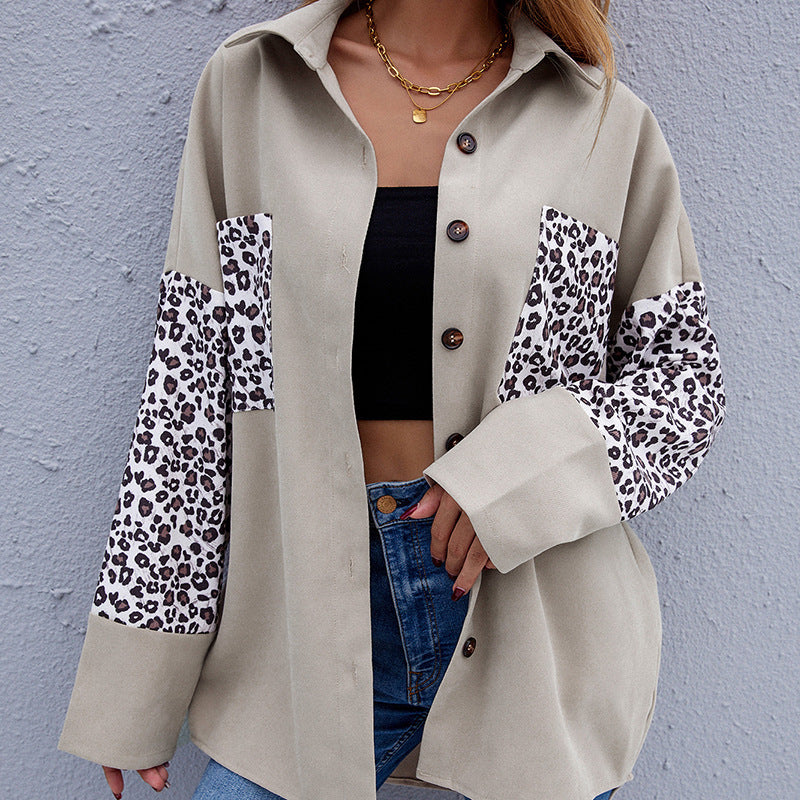 Stitching Leopard Print Long-sleeved Cardigan Shirt